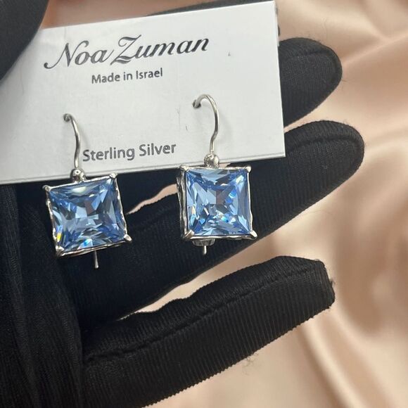 Sterling Silver Blue Square Drop Earrings - Picture 7 of 8